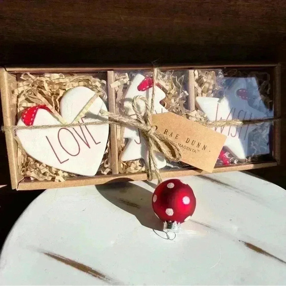 NEW 3 Pc SET Rae Dunn Adorable Ceramic Ornaments - LOVE, JOY, WISH w/red ribbon - Picture 3 of 10